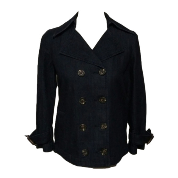 Old Navy Blue Dark Wash Collared Long Sleeve Double Breasted Denim Jean Jacket - Picture 1 of 7